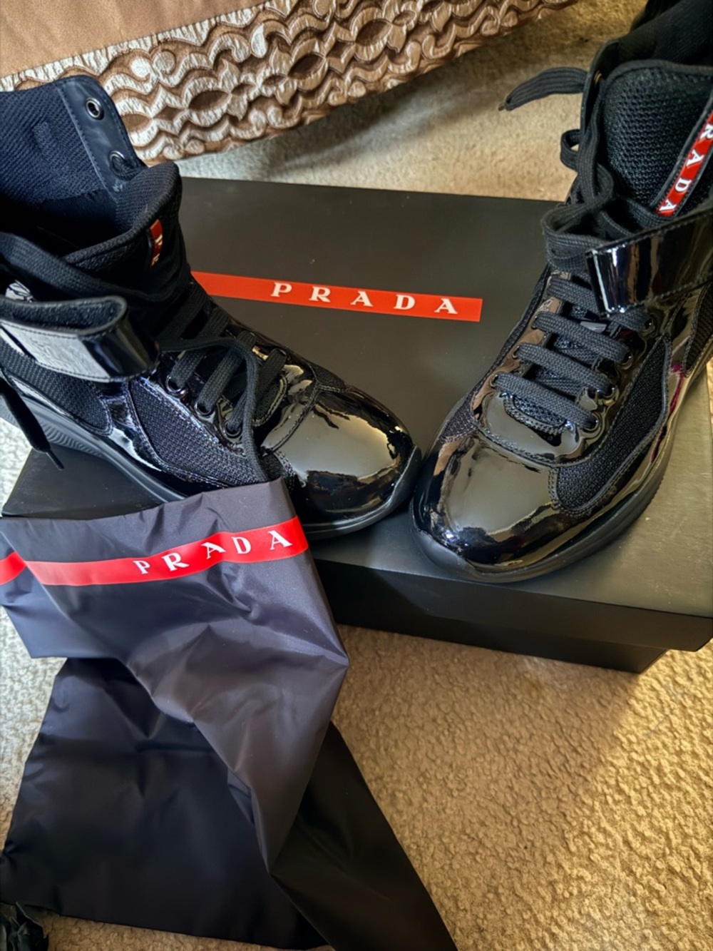 Authentic Prada Black Patent Leather High-Top Sneakers with Red Logo Tab - Picture 2 of 6